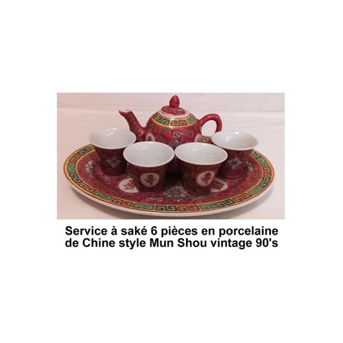 Service À Saké 6 Pièces En Porcelaine De Chine Style Mun Shou Vintage 90'S