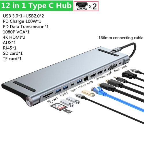 Station d'accueil de Type C 11/12 en 1, Hub USB C 3.0, séparateur Multiport, adaptateur 4K RJ45 SD/TF VGA, compatible HDMI, pour ordinateur portable, MacBook, iPad-12 in 1