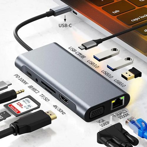 Station d'accueil de Type C 11/12 en 1, Hub USB C 3.0, séparateur Multiport, adaptateur 4K RJ45 SD/TF VGA, compatible HDMI, pour ordinateur portable, MacBook, iPad-11 in 1-A