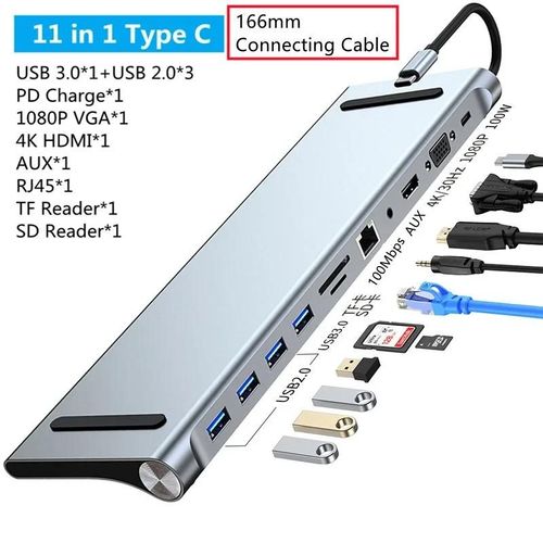 Station d'accueil de Type C 11/12 en 1, Hub USB C 3.0, séparateur Multiport, adaptateur 4K RJ45 SD/TF VGA, compatible HDMI, pour ordinateur portable, MacBook, iPad-11 in 1-B