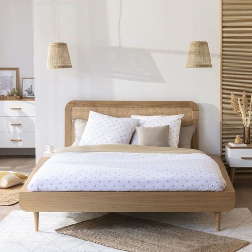 Ensemble Lit 160x200cm En Bois Naturel Et Tête De Lit 160cm En Cannage
