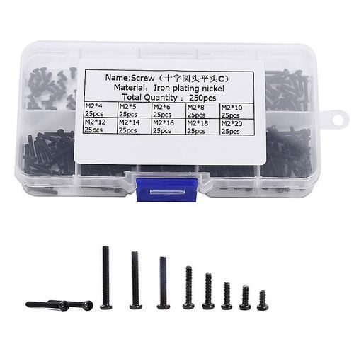 Kit d'assortiment de vis autotaraudeuses à tête ronde avec boîte de rangement, taille : vis plaquées nickel et fer, vis à bois, 250 pièces