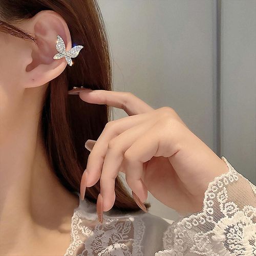 Boucles D'oreilles À Clip Papillon En Cristal, Manchette Simple En Or Avec Aile De Papillon