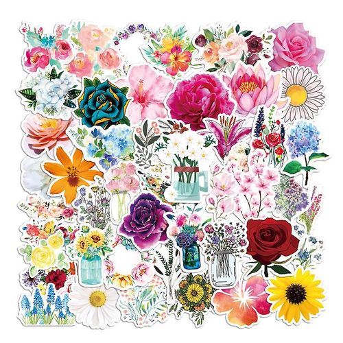 Ensemble de 50 autocollants de fleurs mignons, autocollants de plantes imperméables, autocollants décoratifs pour bouteille d'eau, téléphone, valise, etc.