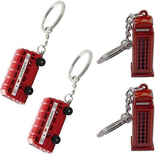 Lot de 4 porte-clés en forme de cabine téléphonique pour bus à impériale, souvenir de voyage