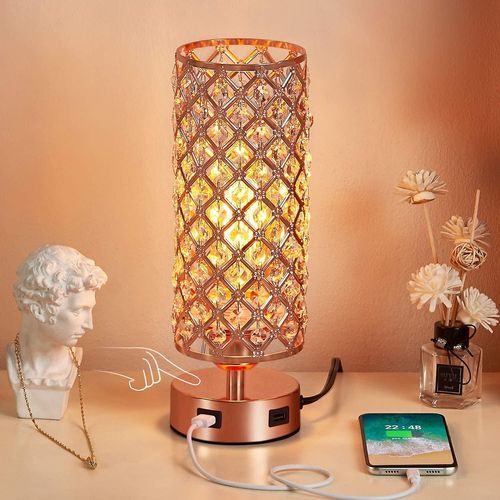 Lampe De Chevet Tactile En Cristal Avec 2 Ports Usb Et Ampoule E27, 3 Intensités, Lampe De Table En Cristal Or Rose Pour Salon, Chambre, Commode, Hôtel, Bureau