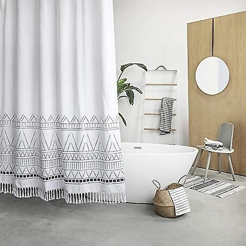 Rideau de douche en tissu bohème, rideau de douche à franges extra long de 84 pouces avec tapisserie de 4 pouces de long, ensemble de rideau de douche bohème noir gris et blanc pour salle de bain
