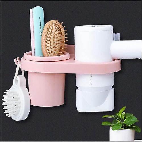 Support mural pour sèche-cheveux, pratique, en plastique, autocollant, sans perçage, rose