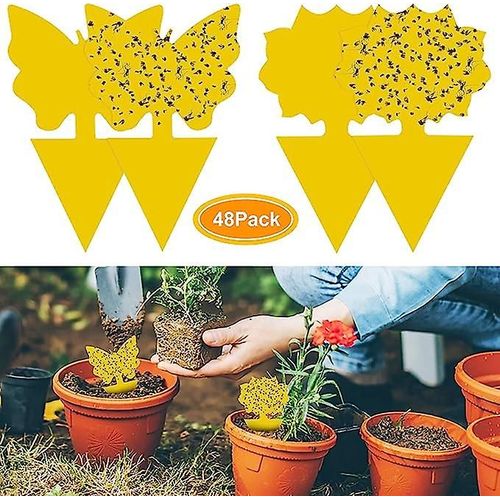 Piège à mouches enfichable 48 pièces, plaques jaunes, autocollant jaune, protection des plantes contre les pucerons, les mouches des feuilles et les nuisibles, idéal pour les plantes sur le balcon ou dans le