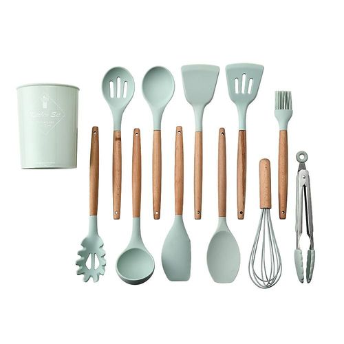 Kit D'ustensiles De Cuisine En Silicone Et Bois Avec Bocal De Rangement, Ensemble D'ustensiles De Cuisine En Silicone