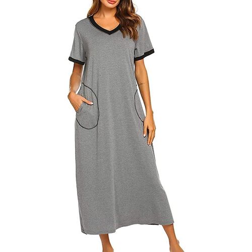 Chemise De Nuit Pour Femme, Col En V, Manches Courtes, Babydoll, Longue Robe Avec Poches, Douce Et Confortable, Gris, Taille Xl