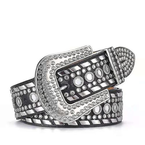 Ceinture Femme Strass, Ceinture Western Cowgirl En Cuir Avec Clous Scintillants, Pour Jean, Noir, 110 Cm