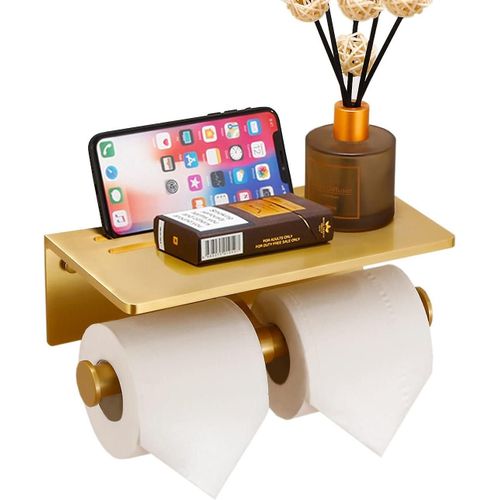 Porte-papier toilette double, avec étagère, distributeur de papier toilette professionnel, montage mural, avec support pour téléphone portable, aluminium, très grand format double