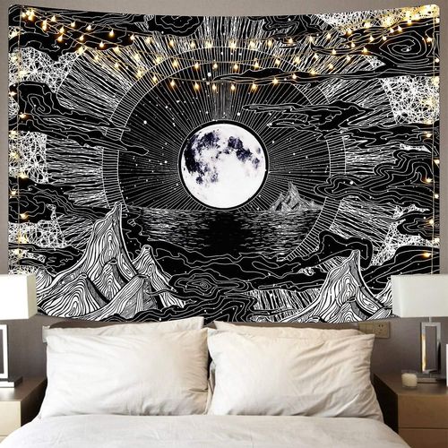 Tapisserie Murale, Psychédélique, Avec Motif Lune, Étoile Et Nuage, Noir Et Blanc, Pour Chambre, 150 X 200 Cm