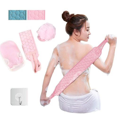 Kit De Douche Exfoliant Pour Le Corps - 3 Pièces, Dos Grattant, Éponge Et Sac De Douche En Maille De Concombre, Crochet Gratuit, Pour Le Bain Pour Hommes Et Femmes, Peaux Sensibles, Délicates 