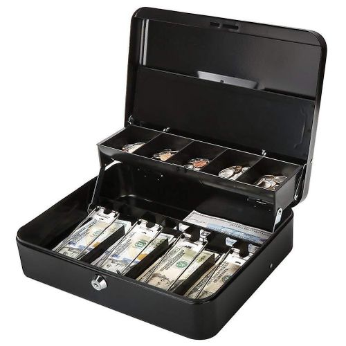Coffre-fort à clés EUR pour transporter de l'argent - Coffre-fort en acier avec compartiment pour pièces et billets - Poignée de 30 cm - Noir
