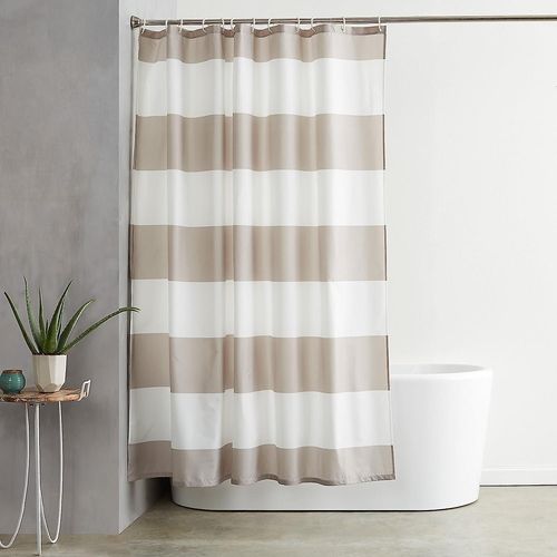 Rideau De Douche En Tissu Imprimé Déperlant Avec ?Illets Métalliques Et Crochets En Plastique Blanc, 180 X 180 Cm, Rayures Grises