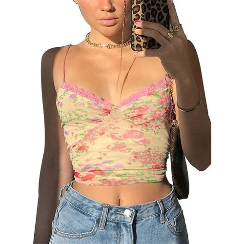 Haut Court En Dentelle Pour Femme, Caraco Sexy Dos Nu, Slim, Sans Manches, Transparent, Motif Floral, Jaune, Taille L