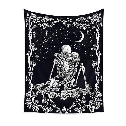 Tapisserie Murale Noire Et Blanche, Motif Squelette De Tarot, Tête De Mort D'amoureux Qui S'embrassent, Pour Décoration De Salon, Chambre À Coucher Ou Dortoir