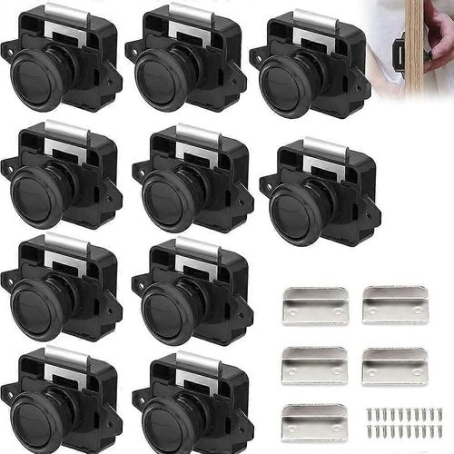 Lot de 10 serrures de camping-car, bouton-poussoir en métal, pour porte de meuble, placard, fixation de porte pour camping-car, caravane, yacht, noir