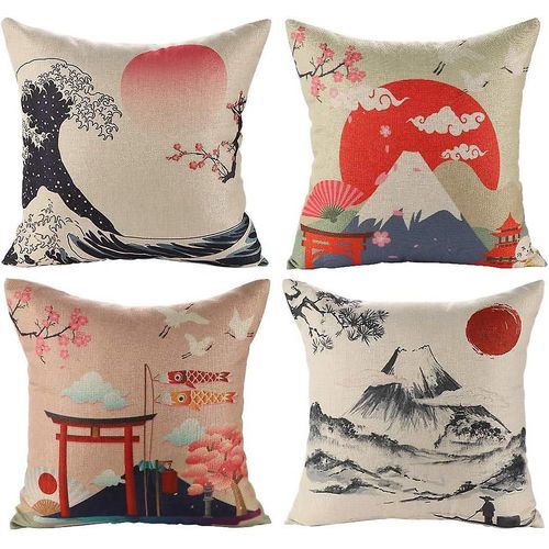 Housse De Coussin Japonaise Fuji Ukiyo-E, Taie D'oreiller, Décoration De Canapé, Voiture, Maison, Lit, 45 X 45 Cm, Ensemble De 4 Pièces (Style Japonais A), Taie D'oreiller En Lin De Style Japonais Ukiyoe
