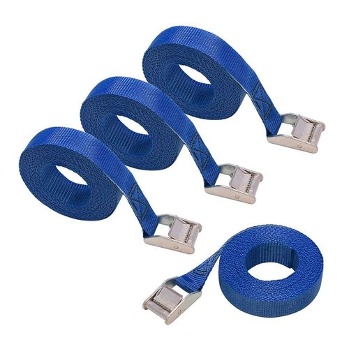 Jeu de 4 sangles d'arrimage, longueur 3 m, largeur 25 mm, capacité d'arrimage 150 kg, selon DIN EN 12195-2 - bleu