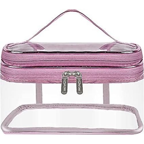 Trousse de toilette transparente, grande trousse de maquillage de voyage à 2 couches, trousse de maquillage pour femme, trousse de maquillage portable, trousse de toilette étanche pour femme et fille (rose)