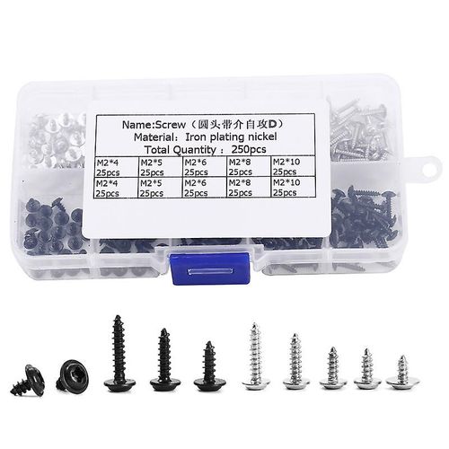 Vis autotaraudeuses noires à tête cylindrique micro avec boîte en plastique, pour plastique, bois, métal souple, 250 pièces