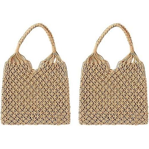 Lot de 2 sacs à main en paille pour voyage, plage, pêche, fourre-tout, sac à bandoulière, grille en corde
