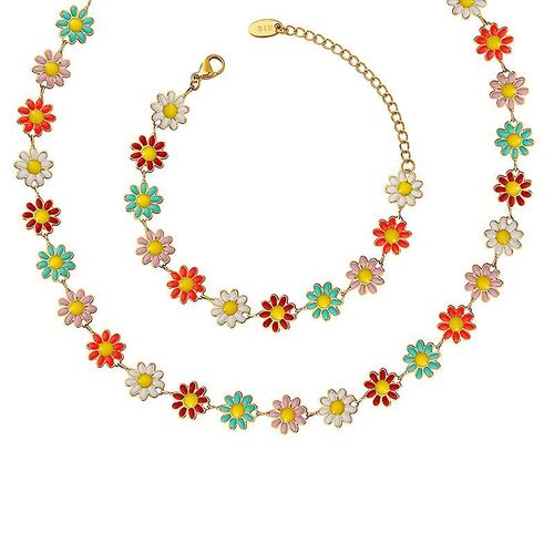 Ensemble De Bijoux Collier Et Bracelet, Collier Et Bracelet Personnalisés Et Créatifs De Style Pastoral Coloré Avec Petites Fleurs Cousues, Bijoux Tournesol