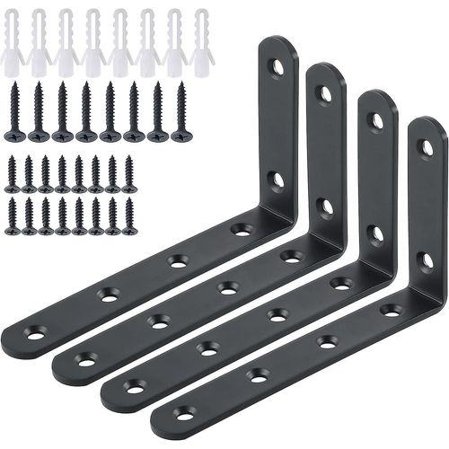 Supports d'étagère muraux en métal estampé pour console, 125 mm x 75 mm, finition noir mat, 4 pièces