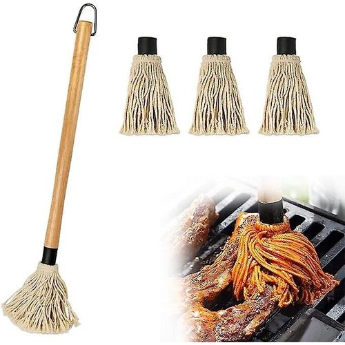Brosses à barbecue, pinceaux de cuisine pour arroser la sauce barbecue avec long manche en bois et 3 têtes de rechange supplémentaires pour la cuisson et le barbecue