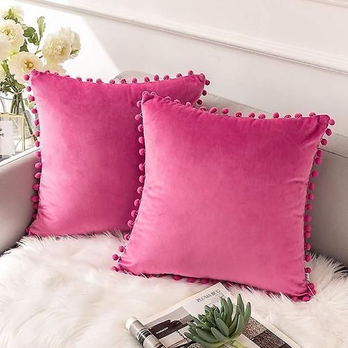 Housse De Coussin À Pompons En Velours Doux Et Uni, 45 X 45 Cm, Pour Canapé, Chambre, Voiture, Lot De 2, Rose