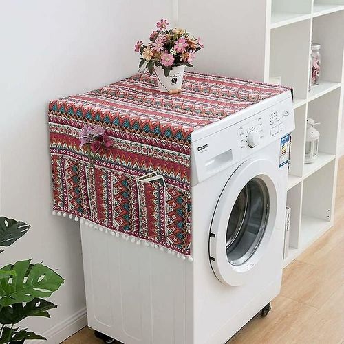 Housse de protection pour réfrigérateur 130 x 55 cm avec poches de rangement, anti-poussière pour lave-linge et réfrigérateur à porte simple (triangle rouge)