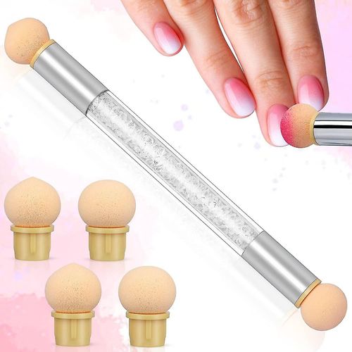 Applicateur De Pinceaux Éponges Pour Nail Art Avec 4 Têtes De Rechange, Double Tête En Acrylique, Accessoires Pour Gel Uv Et Faux Ongles. 