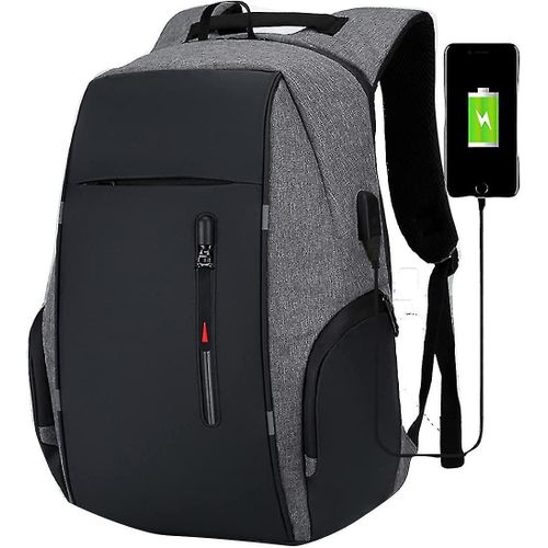 Sac à dos gris pour ordinateur portable 15,6 pouces, étanche, avec port de charge USB, pour voyage, affaires, décontracté