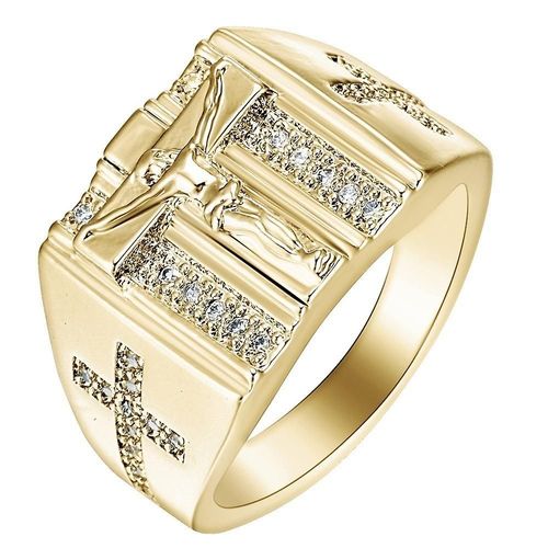 Bague Homme Croix Plaquée Or Jaune 18 Carats Avec Jésus Incrusté De Diamants