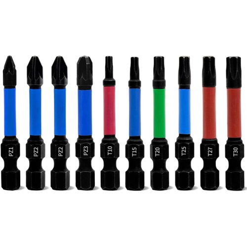 Jeu de Embouts Tournevis Pozidriv and Torx Professionnels 10Pcs Longueur 50mm Embouts Visseuse Magnétique à Choc PZ1-PZ3/T10-T30 avec 1/4"" Hexagonale Tige
