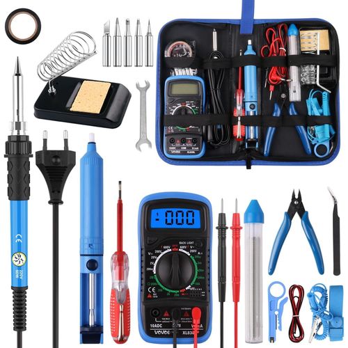 Lot de 24 fers à souder,60 W,outils de soudage électrique,avec 5 pointes interchangeables,température réglable,multimètre numérique,support de fer à souder,pompe à dessouder,sac à outils