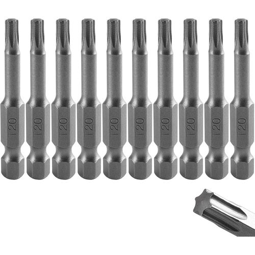 Lot de 10 embouts Torx T20 de 50 mm,tige hexagonale 1/4"",acier S2,jeu de tournevis