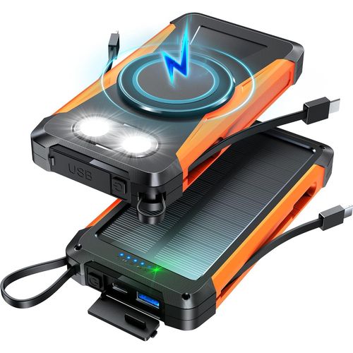 Batterie Externe Solaire Magnetique 20000mah,10w Chargement Sans Fil Avce 2 Câble Intégrée,Pd 18w Usb C Charge Rapide Power Bank,Lampe De Poche,Voyant Led,Pour Smartphone