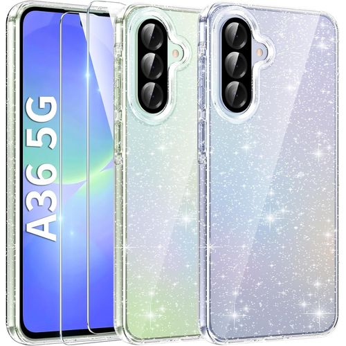 Coque 3 En 1 Compatible Avec Samsung Galaxy A36 5g,Étui À Paillettes Silicone Souple Tpu Protection Case Avec 2 Films De Protection En Verre Trempé,Transparent Pailleté Protecteur Coque