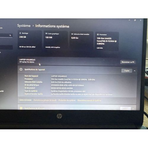 HP Laptop 14s-dq2xxx - 14" Intel Core i3-1125G4 - 2 Ghz - Ram 8 Go - DD 238 Go