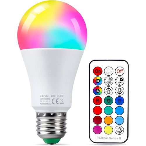 Kal-Ampoule Led Couleur 10w E27 Led Couleur Changement Dimmable Rgbw Lampe Avec Télécommande Fonction De Mémoire Et Minuterie Edison Ampoules Intelligentes, Pour Maison Bar Fête Lot De 1