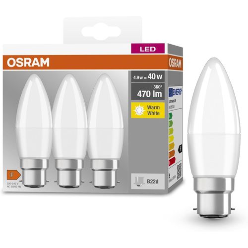 Kal-Base Classic B 40 Fr Led Lampe Avec Base B22d, Mini-Tenues Forme, 3 Pack, 4,9w, 470 Lm, 2700k, Lumière Blanche Chaude, Développement De La Chaleur Inférieure, Longue Durée De Vie