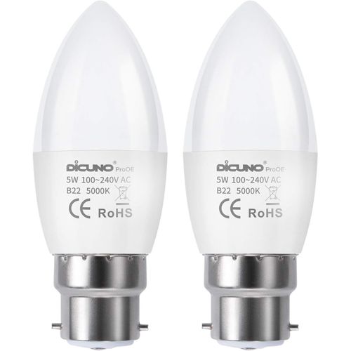 Kal-Prooe Ampoule Led B22, 6w Ampoule Baïonnette Équivalent 40w Halogène, Blanc Froid 5000k, 410lm, C37 Bougie Led, Non-Dimmable, Super Haut Cri 98, 2 Unités