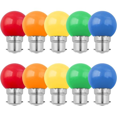 KAL-Lot De 10 Ampoule Couleur Led B22 1W, Ampoule À Baïonnette Colorées, Équivalent Incandescence 10W, Ampoule G45 Mini Globe, Rouge Vert Bleu Orange Jaune, Pour Mariages, Halloween, Noël