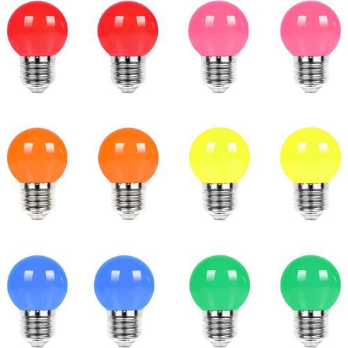 Kal-Ampoule Led E27 Couleur, 1w (Équivalent Incandescence 10w), G45 Ampoules Colorées, Rose, Orange, Rouge, Jaune, Bleu, Vert, Lot De 12