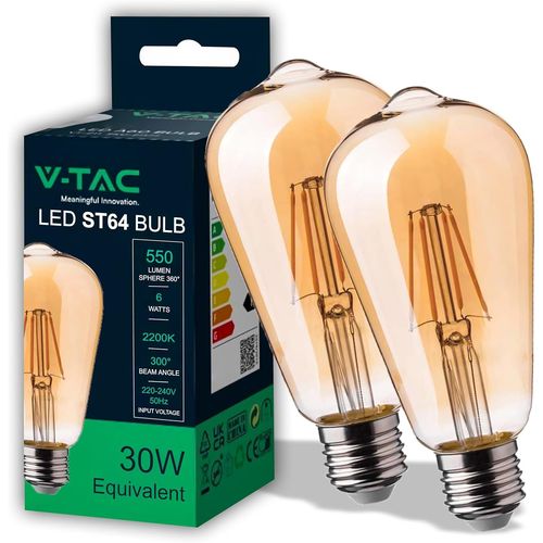 Kal-2x Ampoule Led Filament St64 Culot E27-6w (Équivalent 40w) - 550 Lumen - Lot De 2 Ampoules Led Vintage En Verre Ambré - Efficacité Maximale Et Économie D'énergie - 2200k Blanc Chaud