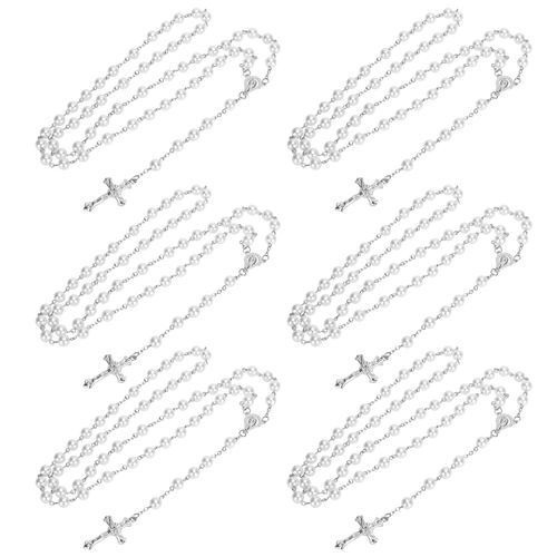 Lot de 6 colliers crucifix en forme de croix de Jesus, chapelet chretien, chaine de perles, bijoux religieux faits a la main (blanc)